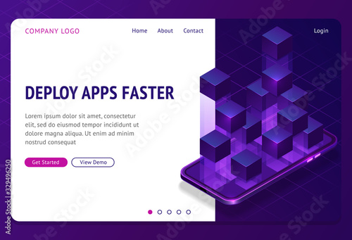 Deploy apps faster isometric landing page. Application containerization and modular software development with square blocks on mobile phone screen, blockchain containers, abstract vector 3d web banner