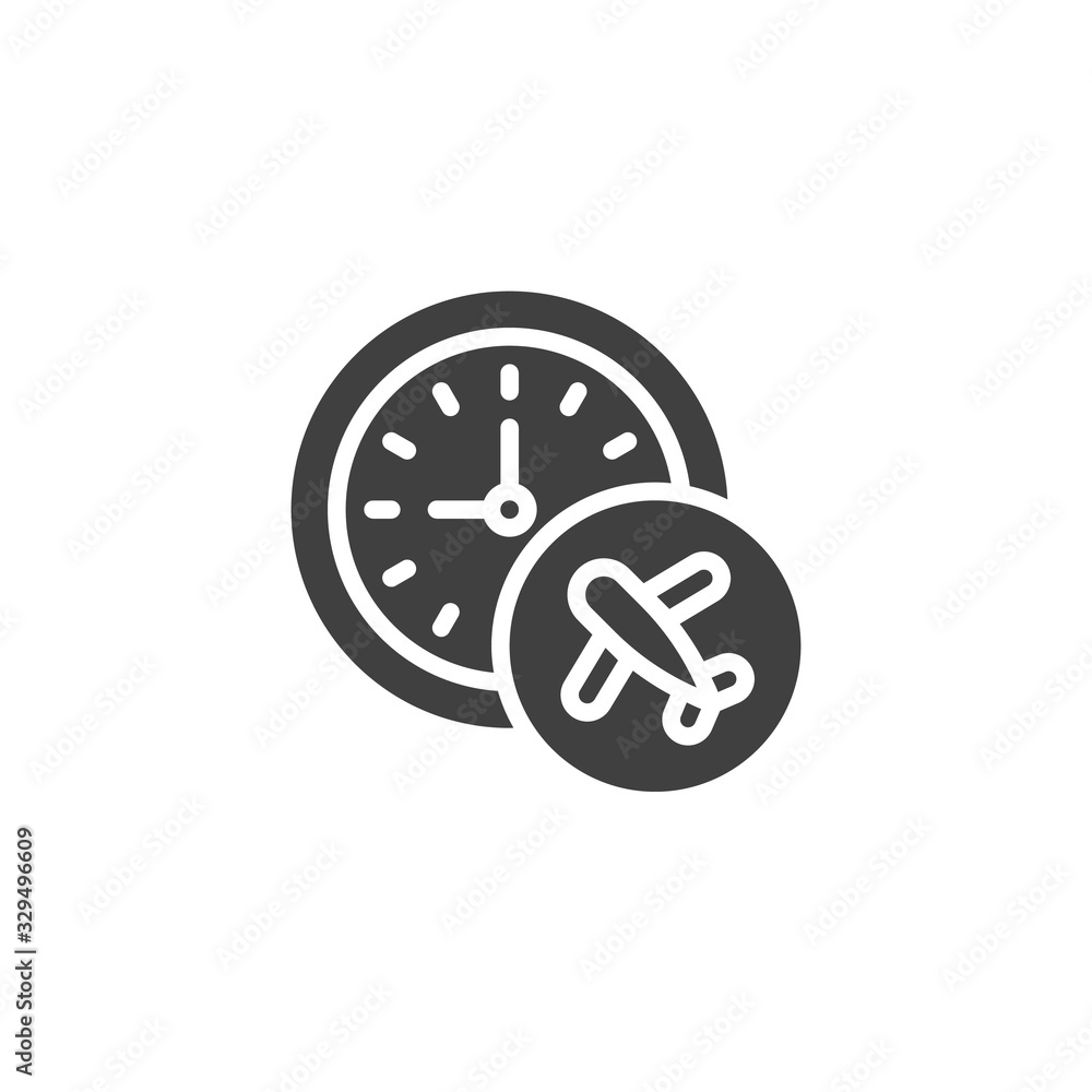 Airplane and clock vector icon. filled flat sign for mobile concept and web design. Flight time glyph icon. Flight status symbol, logo illustration. Vector graphics