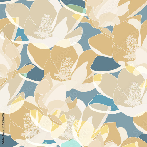 Large gold, orange, yellow and dark blue inflorescences of flowers. Floral seamless pattern.