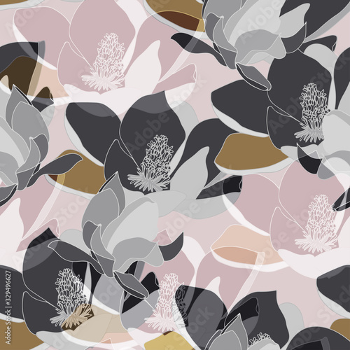 Large gold, orange, yellow and dark blue inflorescences of flowers. Floral seamless pattern.