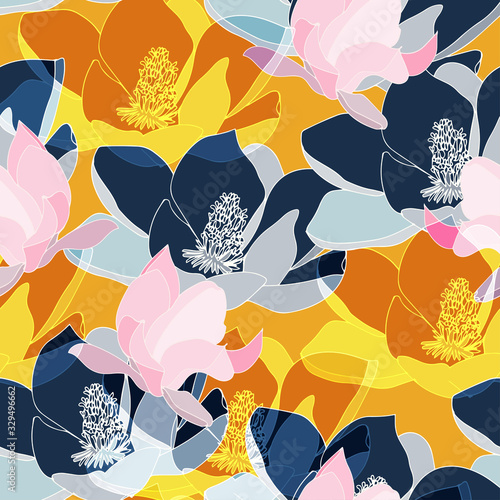 Large gold, orange, yellow and dark blue inflorescences of flowers. Floral seamless pattern.