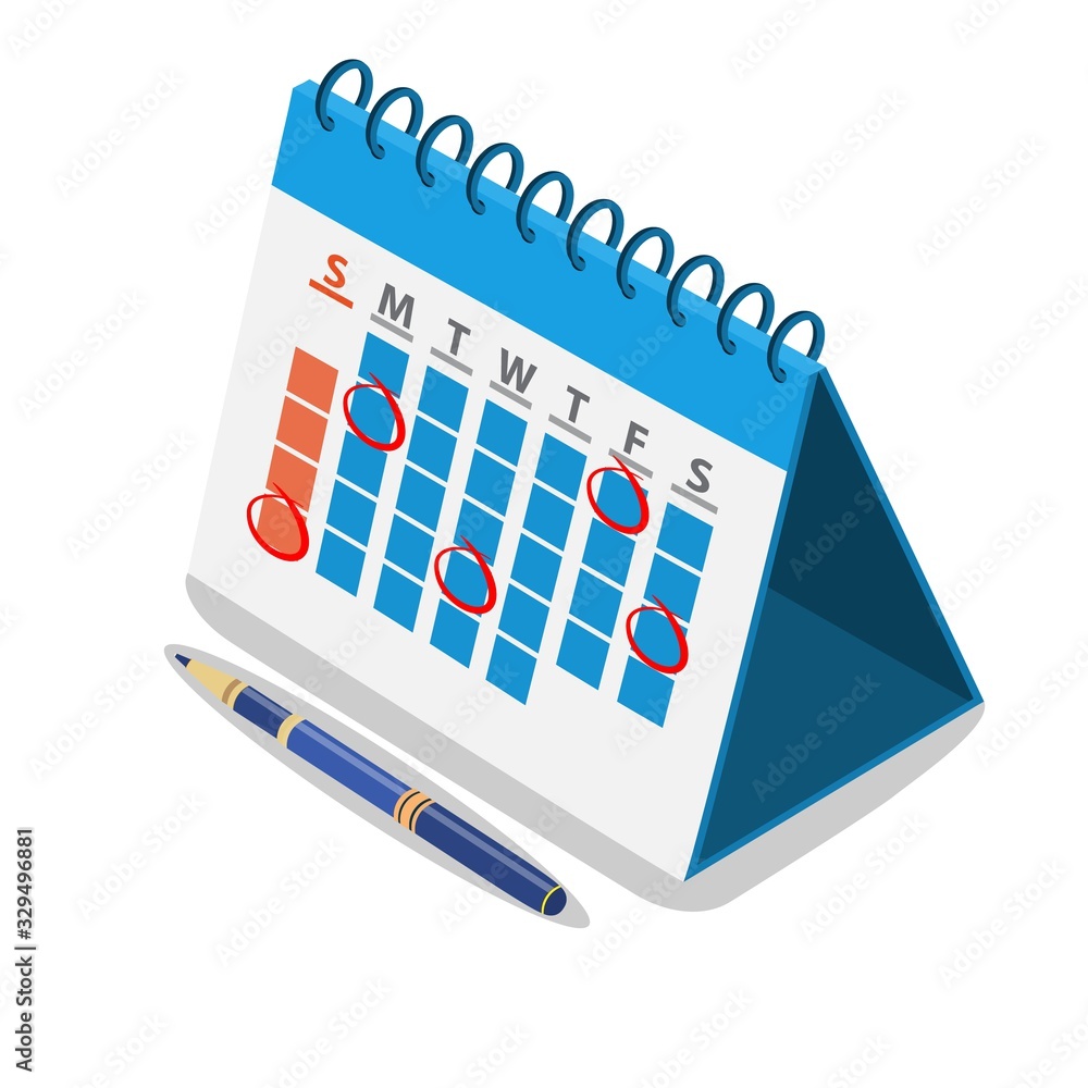 Mark calendar isometric icon. Date circled. Week day month. Landing