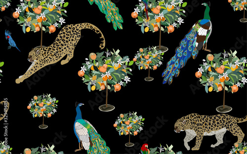 A garden with orange trees in bloom in which tame leopards, peacocks and cockatoo parrots walk on a white background. Seamless pattern with tropical animals and plants.
