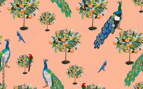 A garden with orange trees in bloom in which tame leopards, peacocks and cockatoo parrots walk on a white background. Seamless pattern with tropical animals and plants.