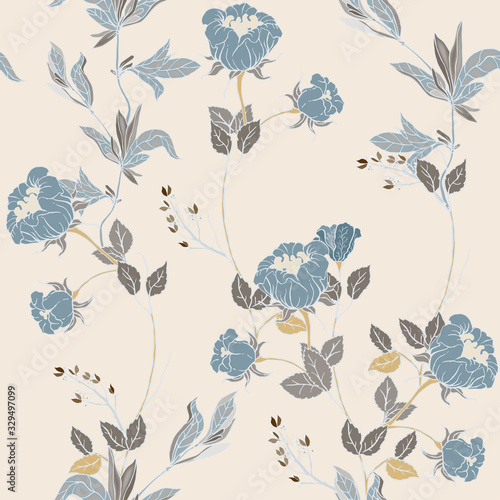 Delicate pink twigs of wild roses with inflorescences, leaves and petals on a dark blue background. Floral seamless pattern.