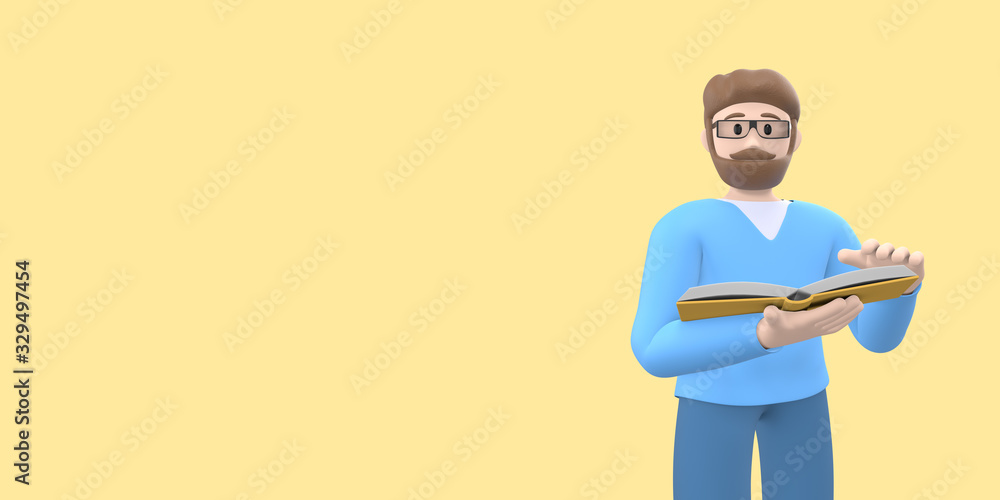 Literature fan character a young guy with a beard in glasses holds books in his hands. Funny, abstract cartoon people isolated on a yellow background. 3D rendering.
