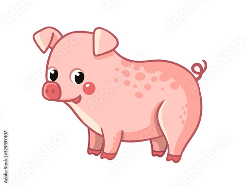 Cute pink pig stands on a white background. Vector illustration with farm animal.