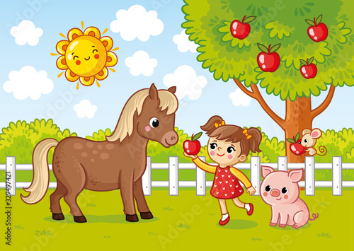 Vector illustration with a girl who gives a horse an apple.
