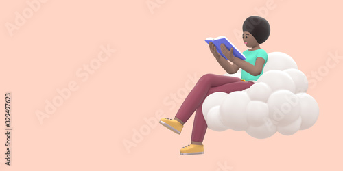 Fototapeta Naklejka Na Ścianę i Meble -  Literature fan a young african girl in the sky on a cloud is reading a book. Funny, abstract cartoon people on beige. 3D rendering.