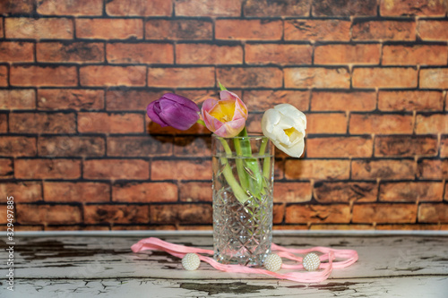 still life, sketch, brick, background, crystal, vase, flowers, white, Tulip, pink, Tulip, lilac, Tulip, pink, ribbon, white, round, beads