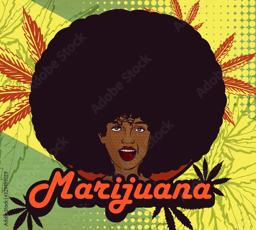 Afro hair styling woman smile with open mouth, Cannabis leafs on the backgound of label. Vintage comics style.