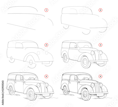 Naklejka How to draw step by step sketch of imaginary cute antique car. Creation pencil drawing. Educational page for artists. Textbook for developing artistic skills. Hand-drawn vector by graphic tablet.