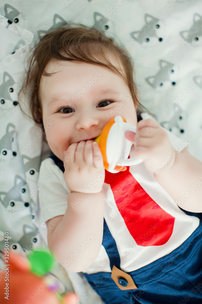 Little boy eat fruits from baby's nibbler Little boy eat fruits from baby's nibbler