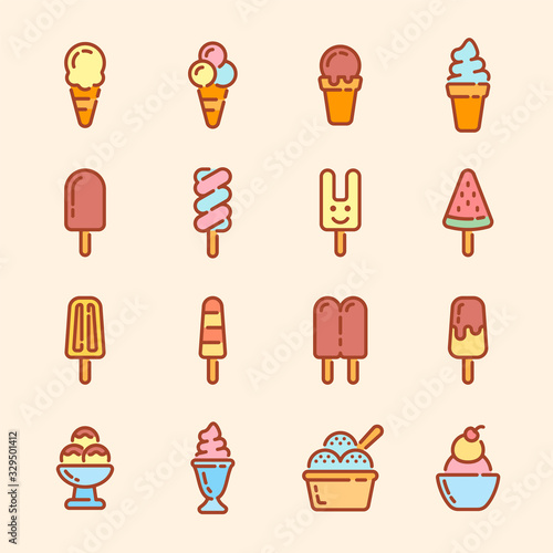 Set of ice cream and popsicle color outline icons. Vector illustration.