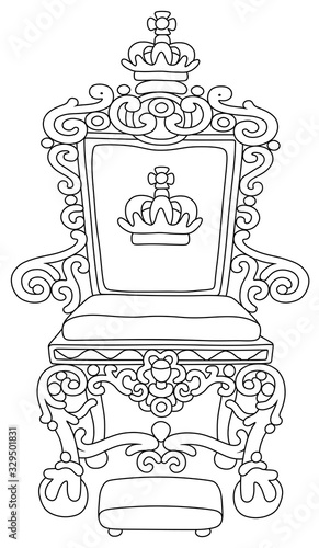 Golden throne of an emperor or a king ruling over a fairy kingdom, a symbol of autocratic power, black and white vector cartoon illustration for a coloring book page