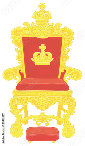 Golden throne of an emperor or a king ruling over a fairy kingdom, a symbol of autocratic power, vector cartoon illustration on a white background