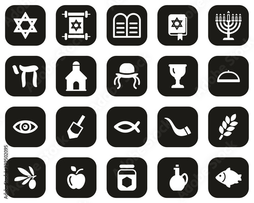 Fototapeta Naklejka Na Ścianę i Meble -  Judaism Religion & Religious Items Icons White On Black Flat Design Set Big