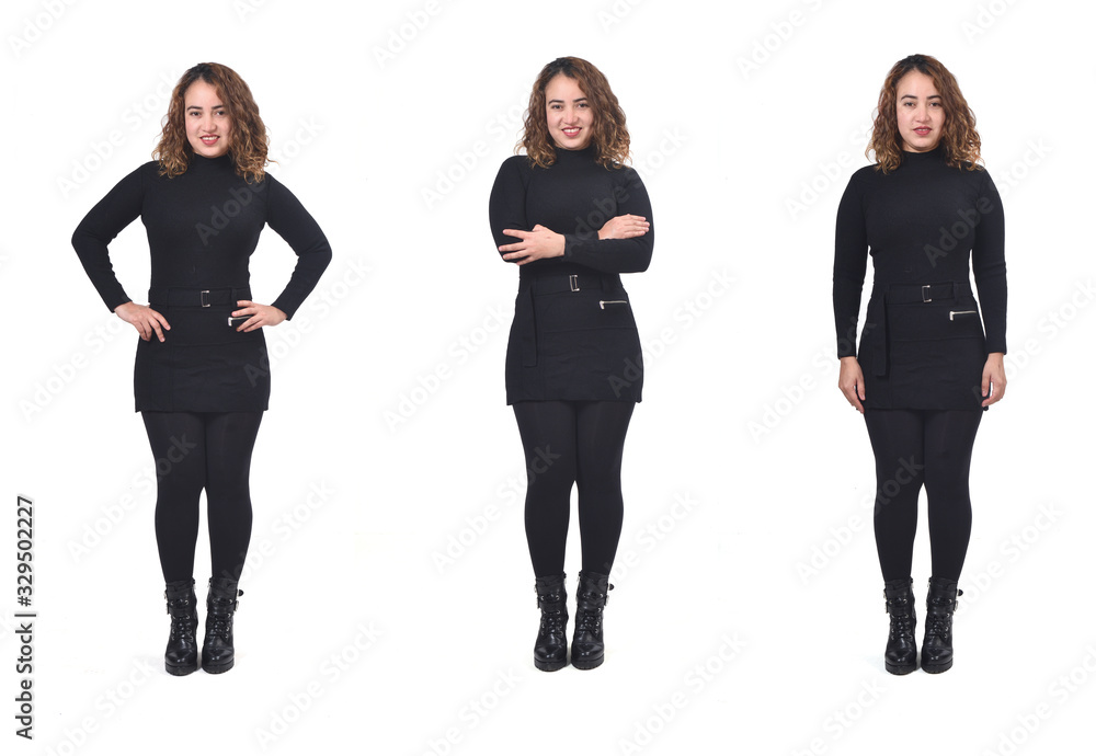 Obraz premium the same front view portrait of a woman with different hands poses