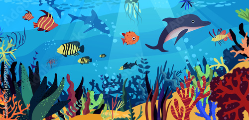 Fototapeta Naklejka Na Ścianę i Meble -  Underwater world in the ocean. Coral reef, fishes, medusa, undersea fauna of tropics.  Flat cartoon vector illustration.