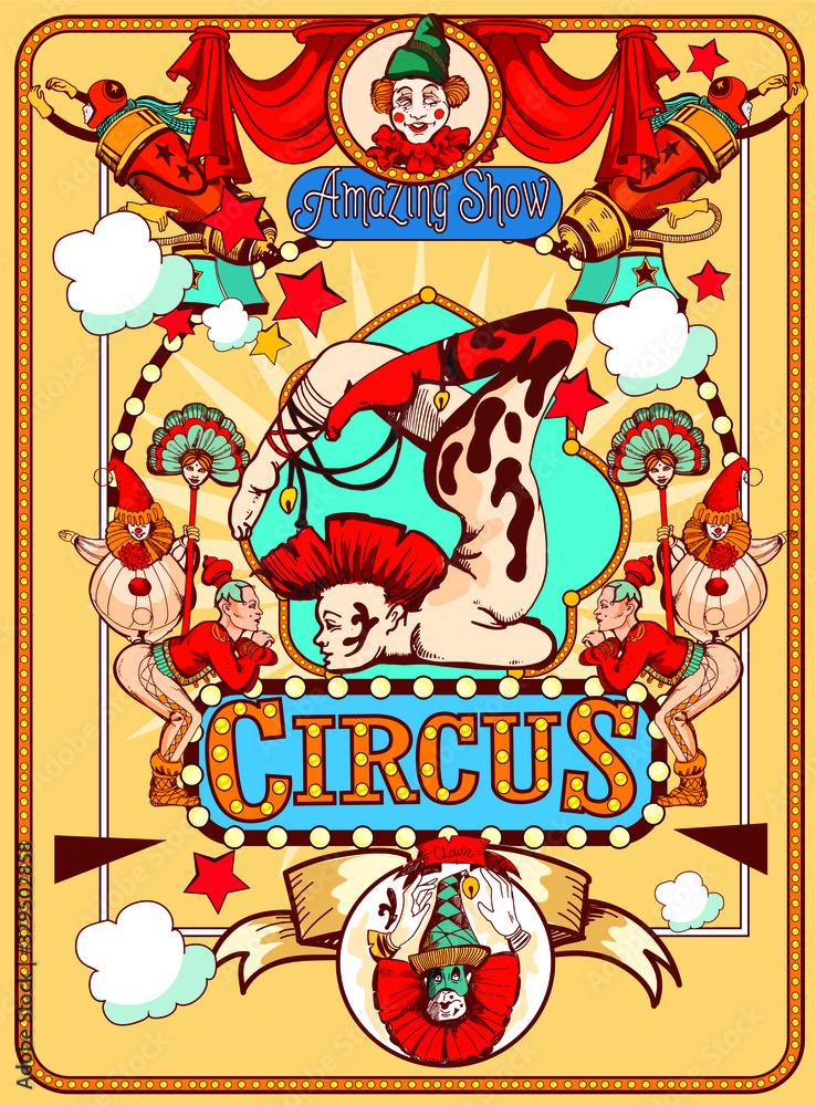 Amazing Vintage Circus Show Detailed poster. Colored Sketch composition. Circus red and white Circus Tent vector hand-drawn illustration. Retro style poster template.