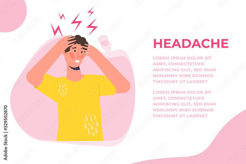 Headache attack, compassion fatigue. Head pain vector illustration ...