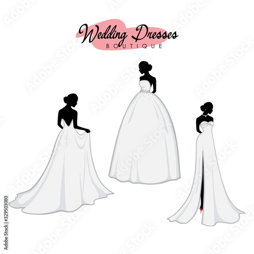 Monochrome Bridal Dress Boutique Logo Ideas Set  Fashion  Beautiful Bride  Vector Design Template