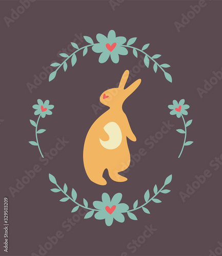 Silhouette of an easter bunny on brown background. Orange rabbit with an egg in vintage floral frame. Flat  cartoon  retro style  stock vector illustration for web  print  postcard  wallpaper.