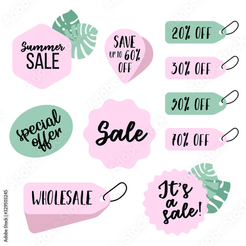 Set of sale tags and emblems for web site. Summer sale banners, buttons, stickers, coupons. Flat vector illustration.