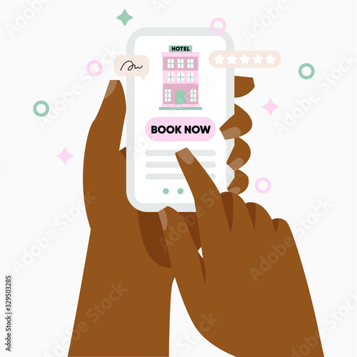 Online booking app, book a hotel concept illustration. Hand holding smartphone with book now button. Flat style illustration.