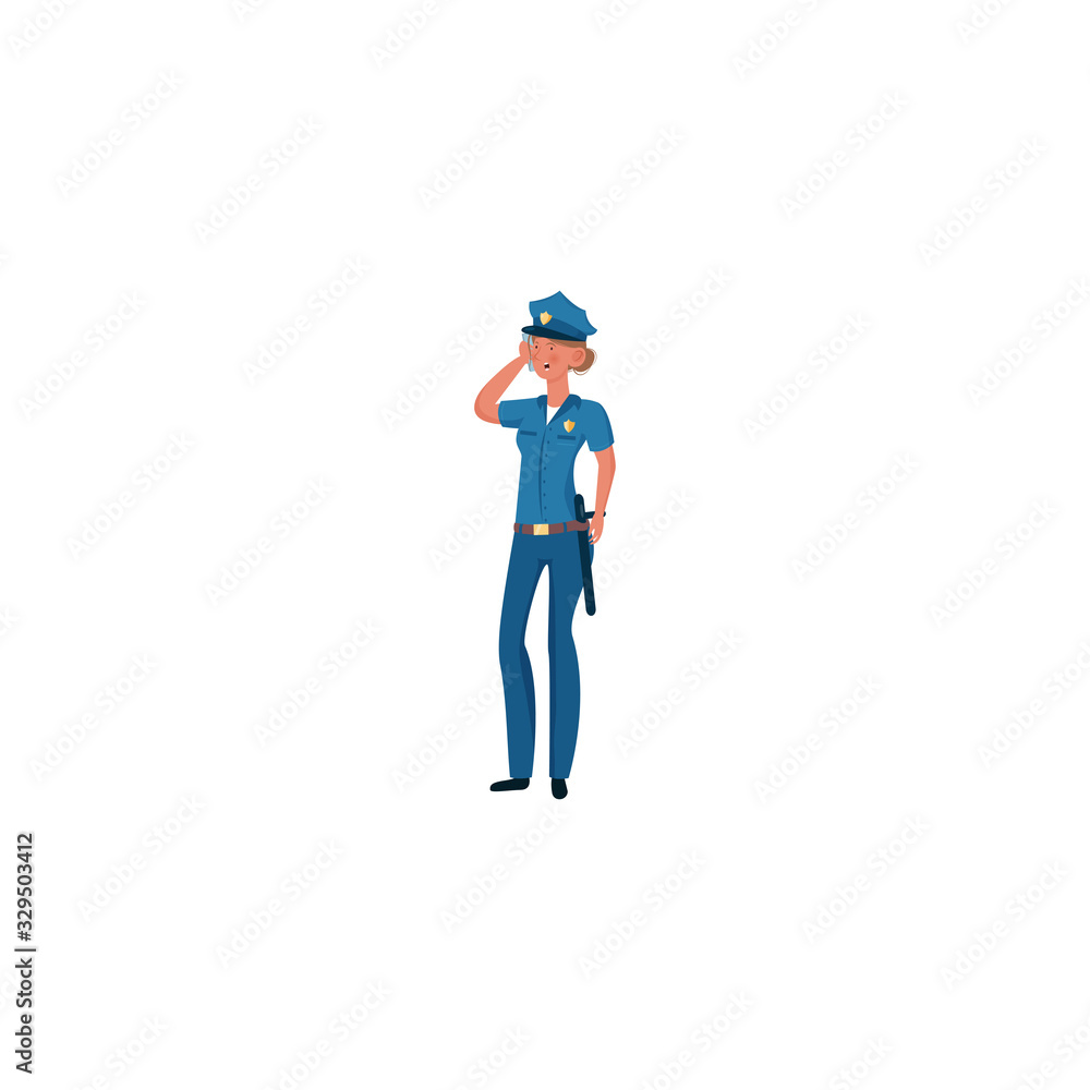 A police officer in a blue uniform is standing with a phone. Vector illustration on a white background.