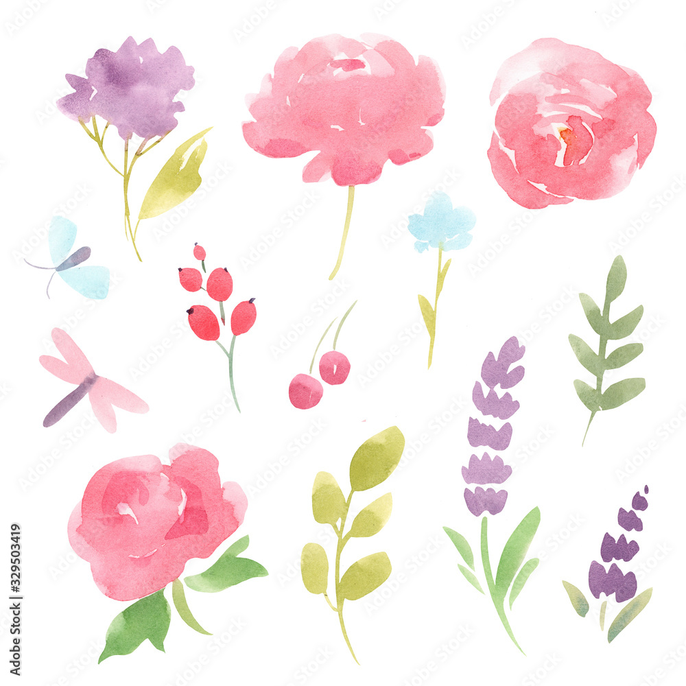 Beautiful set with watercolor pink, blue, purple abstract flowers, leaves and berries. Stock illustration.