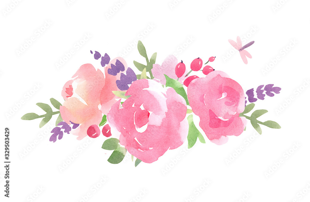 Beautiful bouquet composition with watercolor pink abstract flowers, leaves and berries. Stock illustration.