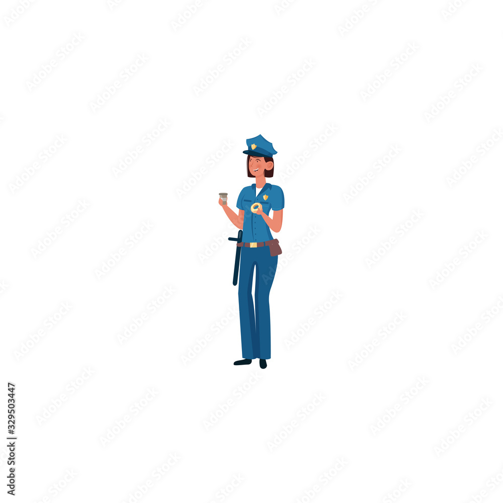 A police officer in a blue uniform is standing with a cup of coffee and donut. Vector illustration on a white background.