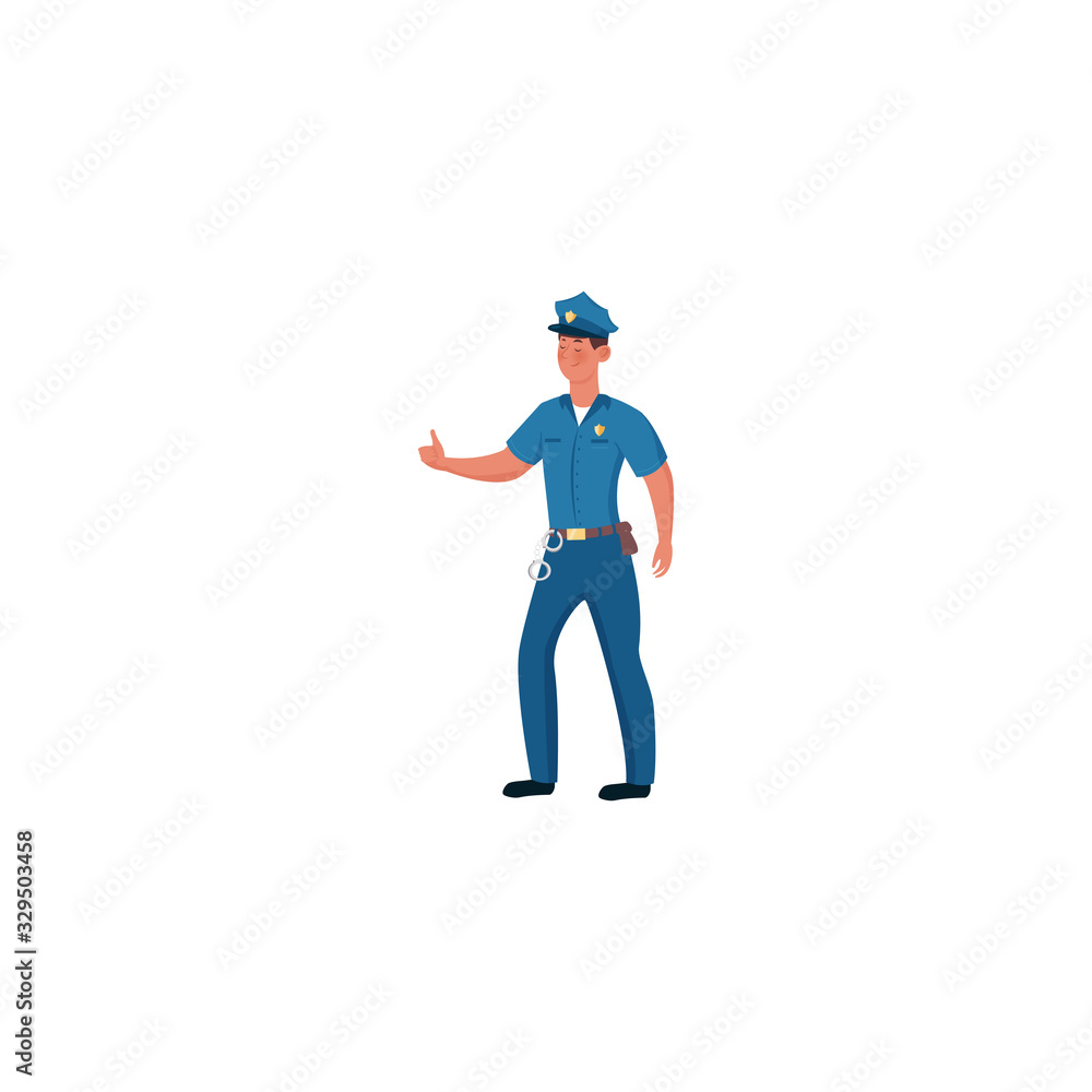 Policeman in a blue uniform with a cap standing with an outstretched hand. Vector illustration isolated on white background Policeman in a blue uniform with a cap standing with an outstretched hand. Vector illustration isolated on white background