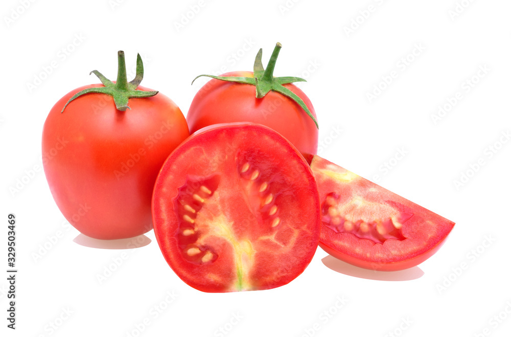 Fresh red tomato split on a white background. Fresh red tomato split on a white background.