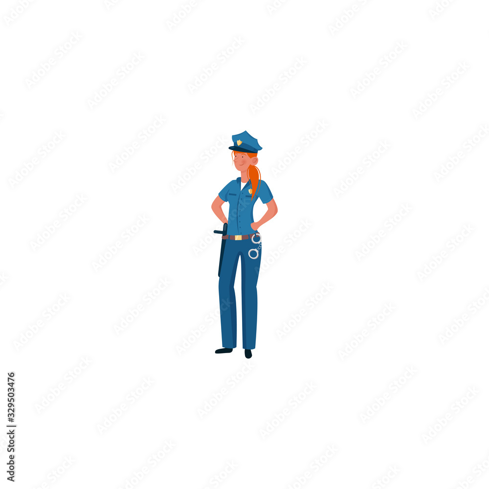A police officer with red hair in a blue uniform stands with hands-on-hips. Vector illustration on a white background.