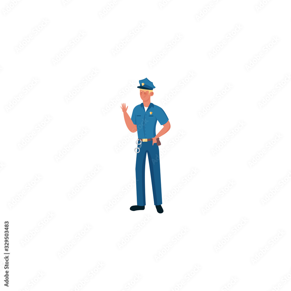 Policeman in a blue uniform with cap standing in a pose. Vector illustration isolated on white background