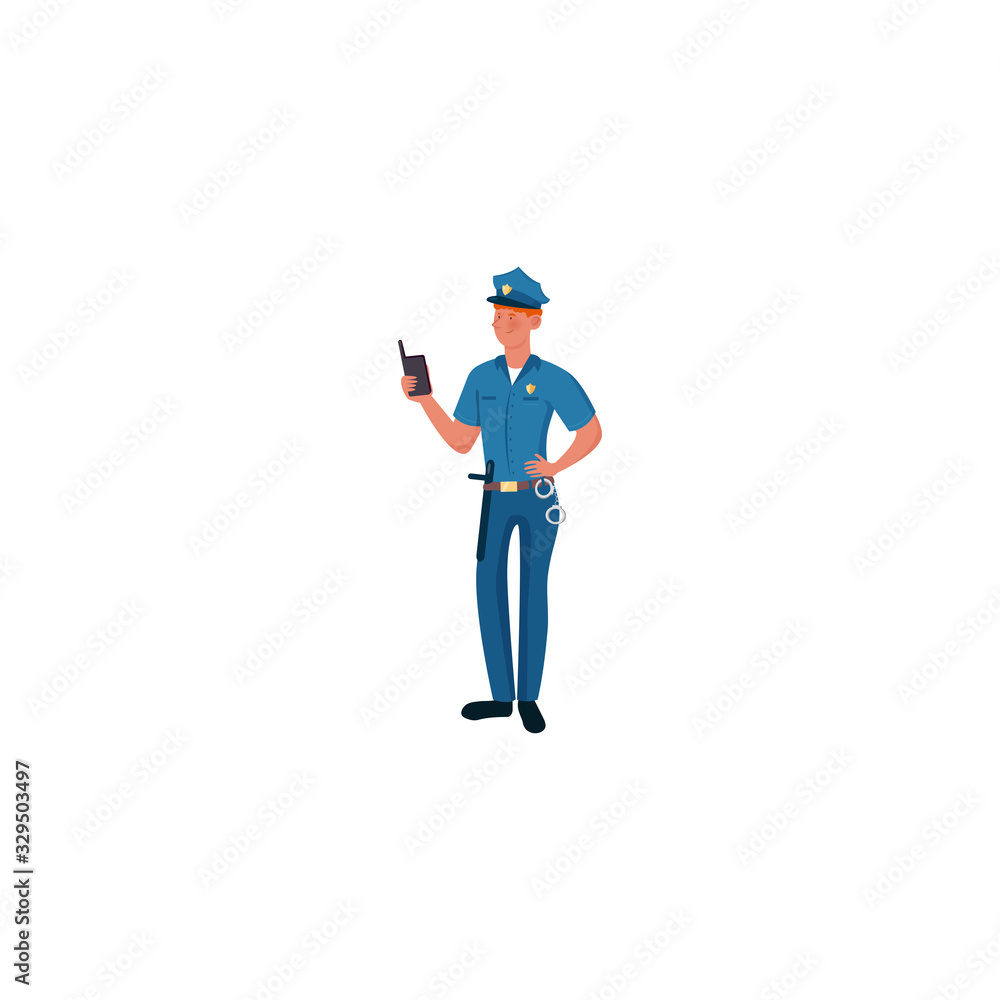 Policeman in a blue uniform standing with the walkie talkie. Vector illustration isolated on white background