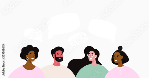Group of people discuss social media news. Team talk about work. Communication concept illustration. Flat vector design.