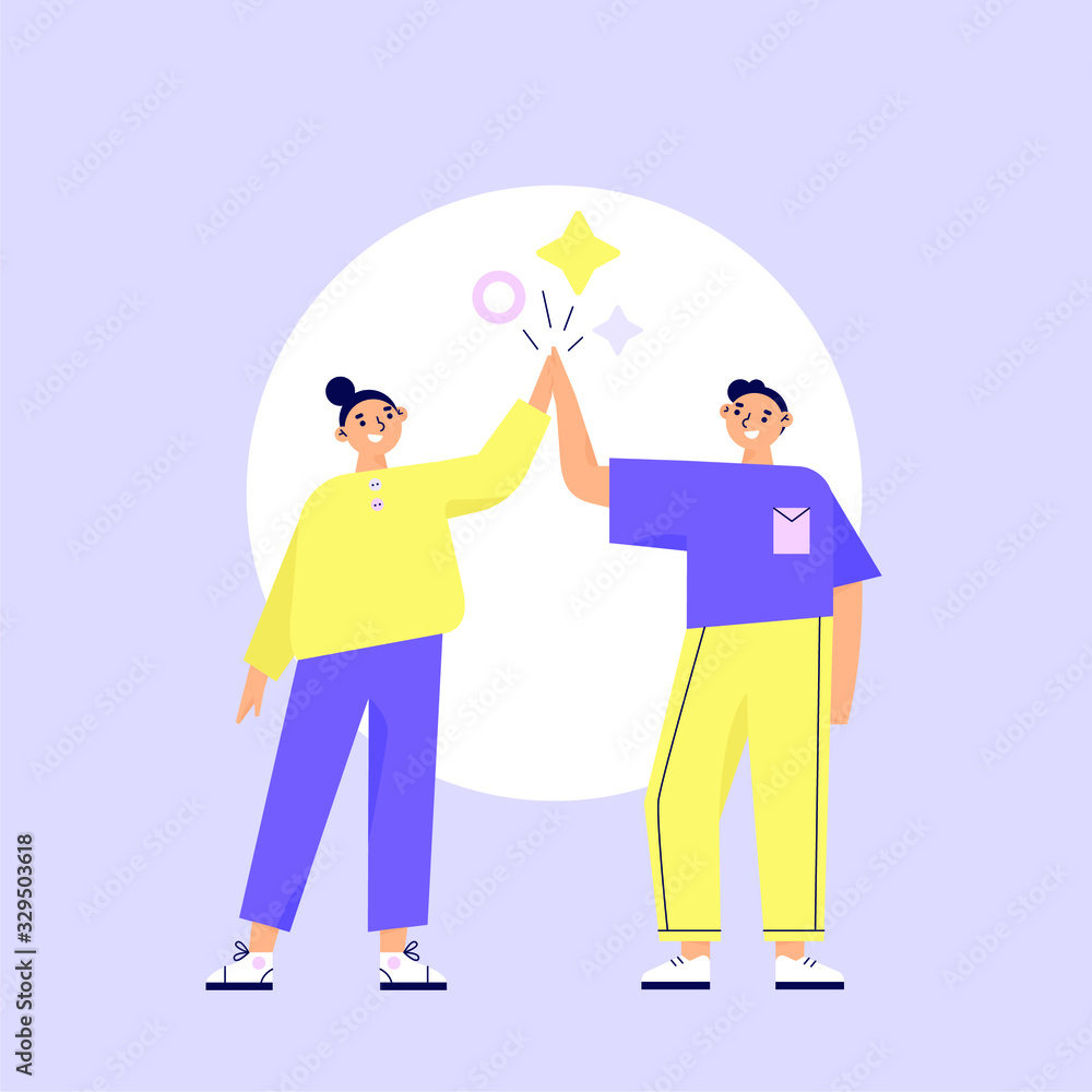 Two characters giving a high five for great work. Friendship, team work achievement, hand slapping. Flat vector illustration.