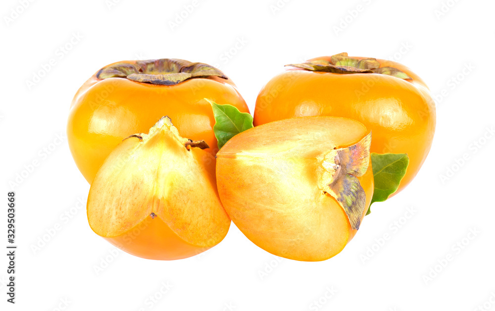 fresh ripe persimmons with leaf isolated on white background.