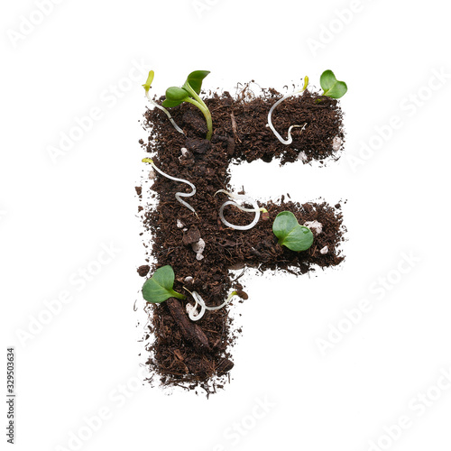 Letter of the English alphabet isolated on white background. The stencil is created using earth with young sprouts. photo