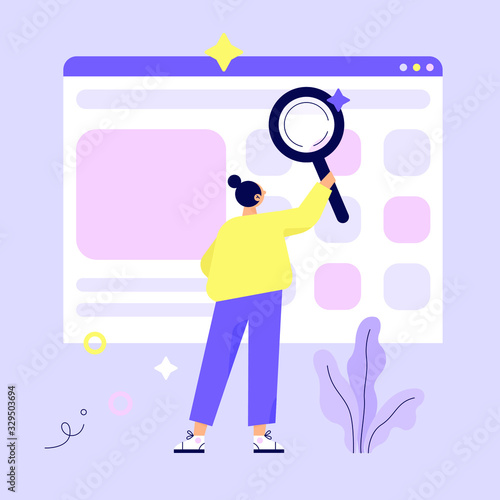 Woman searching for information. Web search concept vector illustration.
