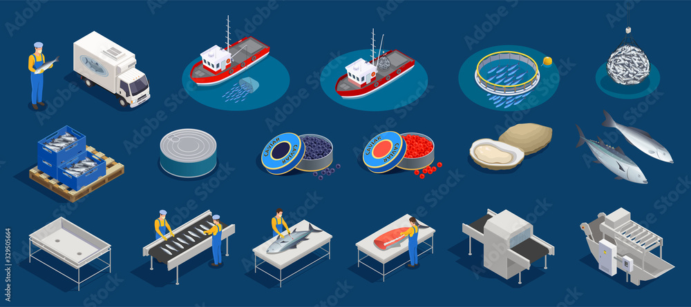 Isometric Seafood Production Set - obrazy, fototapety, plakaty 