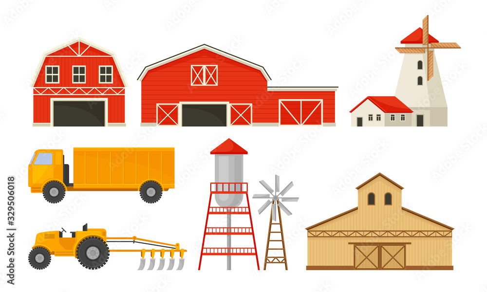 Farming and Agricultural Stuff with Barn and Industrial Machinery for Harvesting Vector Set