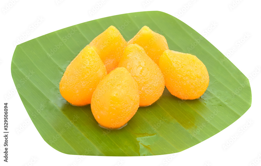 Thong yod thailand dessert in banana leaf on the white background. Thong yod thailand dessert in banana leaf on the white background.
