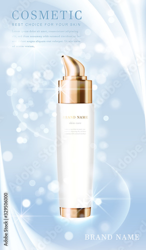 3D elegant cosmetic bottle container with shiny light blue glimmering background template banner.