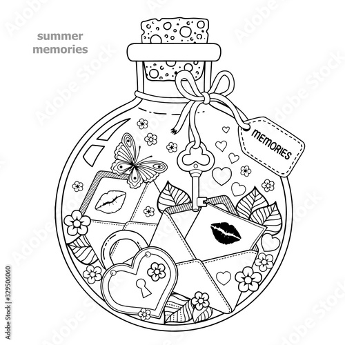 Coloring for adults. Vector Coloring book for adults. A glass vessel with memories of summer. A bottle with bees, butterflies, ladybug, leaves and letters of love with kisses and hearts
