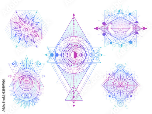 Vector set of Sacred geometry symbols with moon, sun and eye on white background. Abstract mystic signs collection.