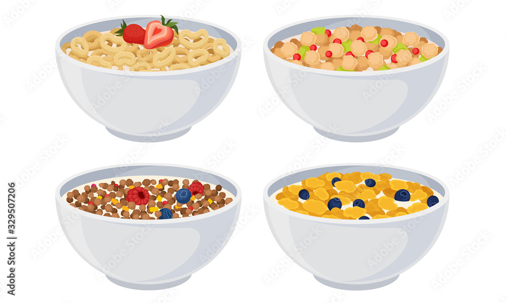 White Bowls of Breakfast Cereal and Cornflakes with Berries Vector Set White Bowls of Breakfast Cereal and Cornflakes with Berries Vector Set